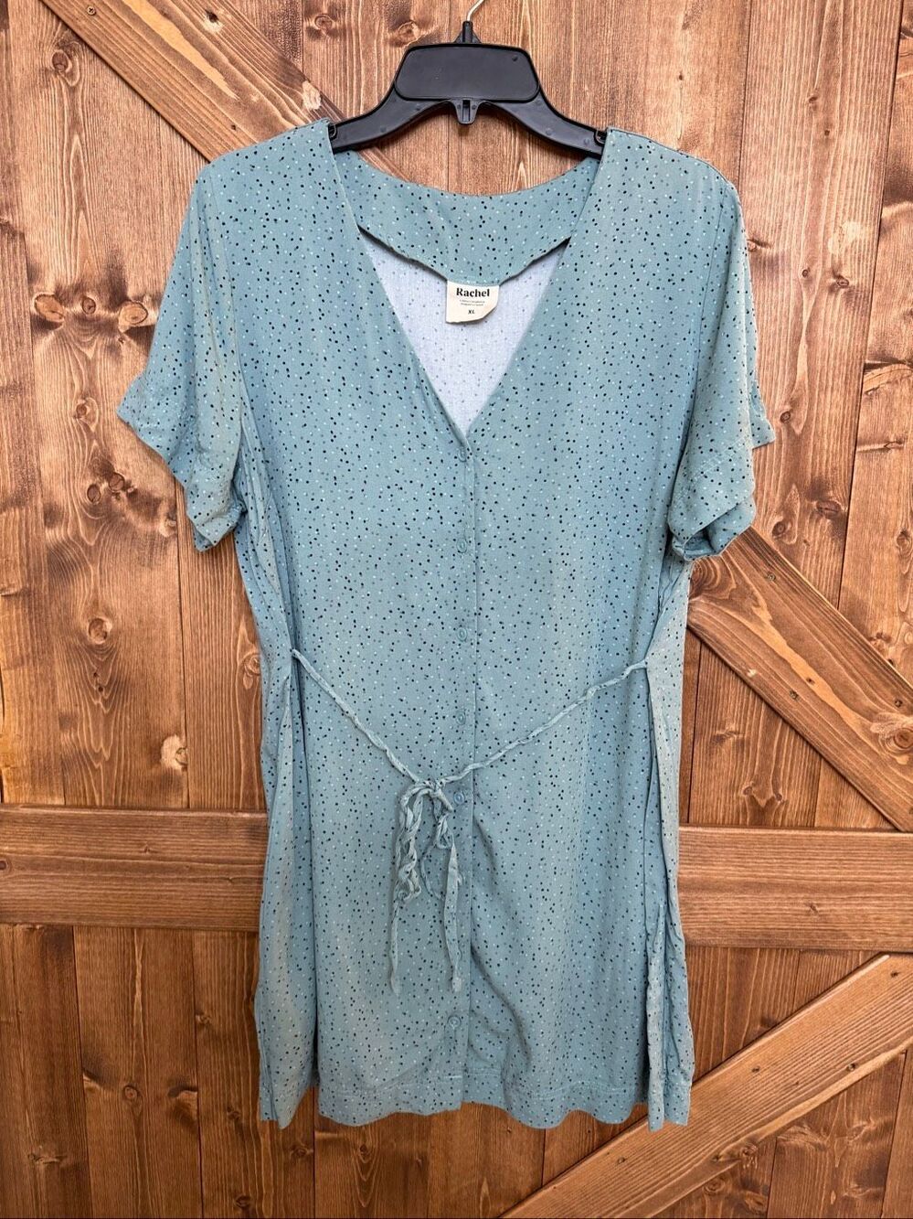 Rachel Women’s XL Sage Green Polka Dot Button Front Tie Waist Shirt Dress (9440)